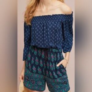 ANTHROPOLOGIE size MEDIUM blue & green floral design off the shoulder romper.